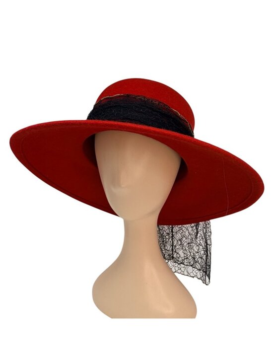Vintage Red Wool Felt Hat Betmar Wide Brim Veil Dress Hat 1980s main image 9